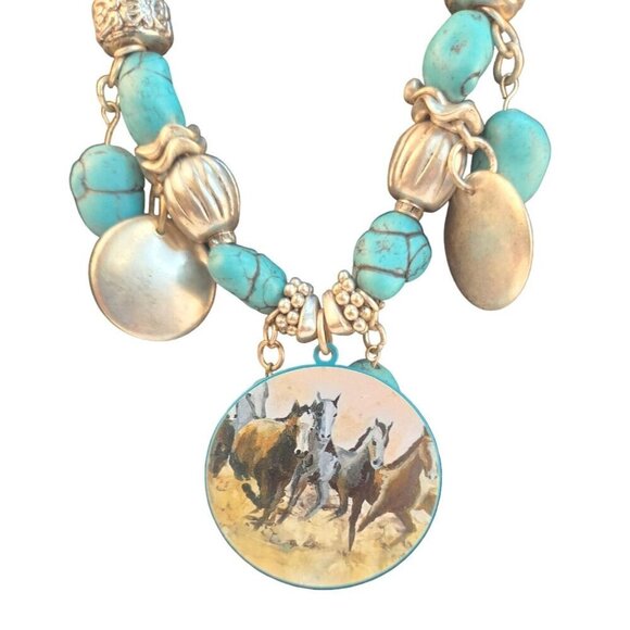 Western Silver & Turquoise Colored Necklace With Horse Pendant & Beads Western C - Picture 2 of 6